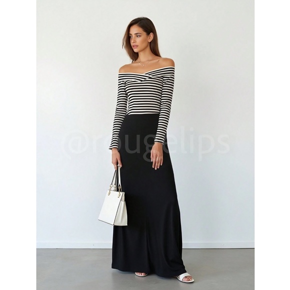 Black & White Striped Off Shoulder Long Sleeve Tee Shirt Top Slim Fit - Picture 5 of 13